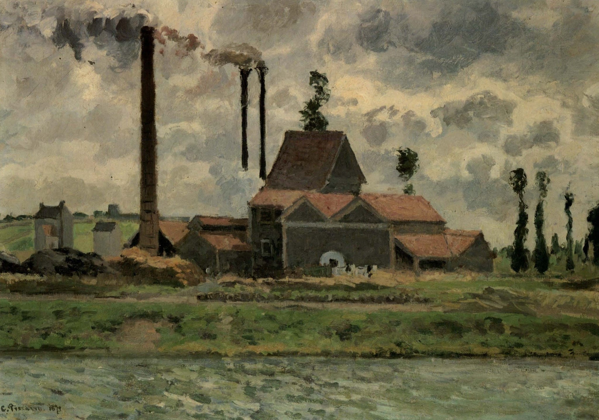 Camille Pissarro - Factory at Saint-Ouen-l'Aumône (1873) Signed - 17" x 22" Print