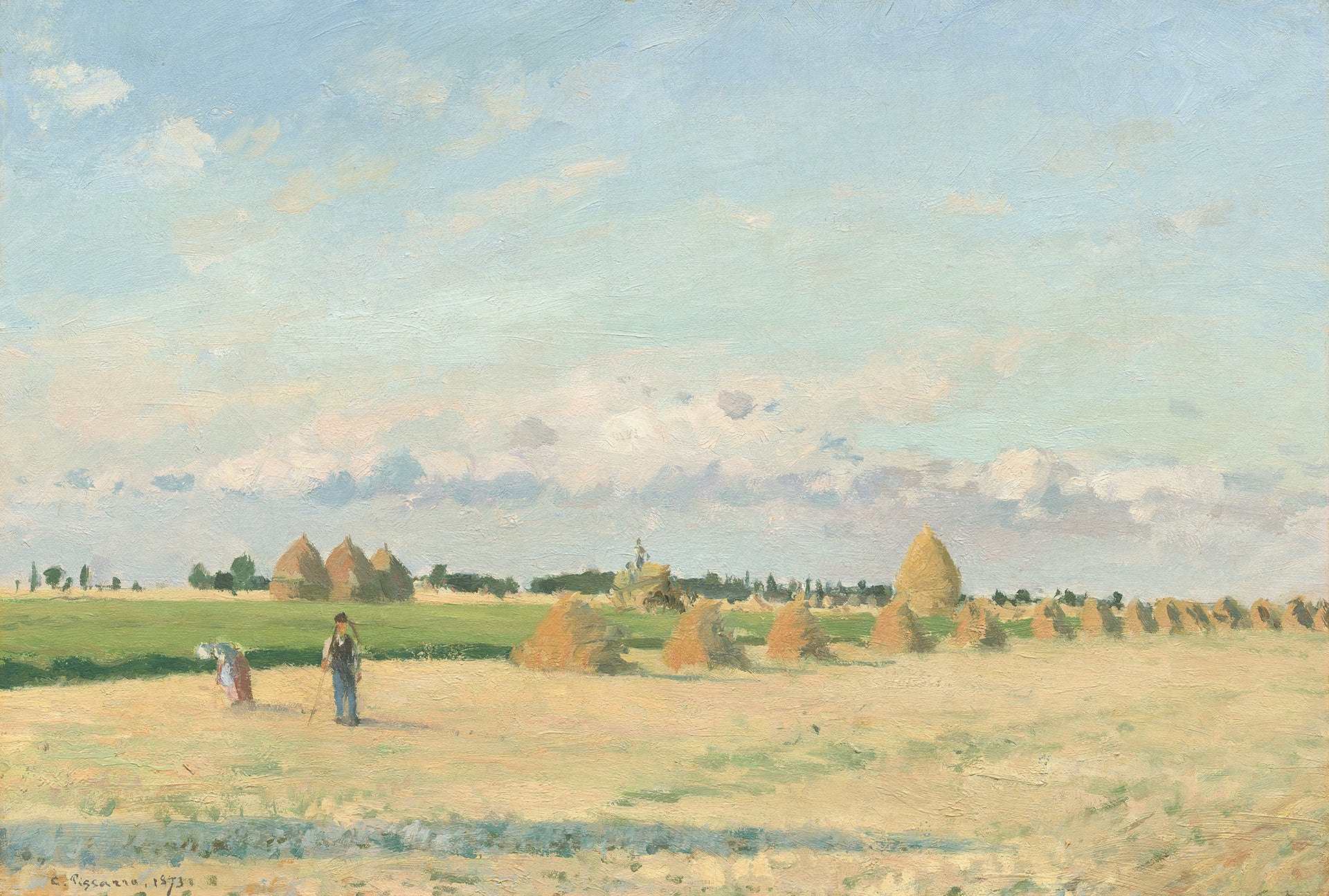 Camille Pissarro - Open Fields with Haystacks near Pontoise Ile-de-France (1873) Signed - 17" x 22" Fine Art Print