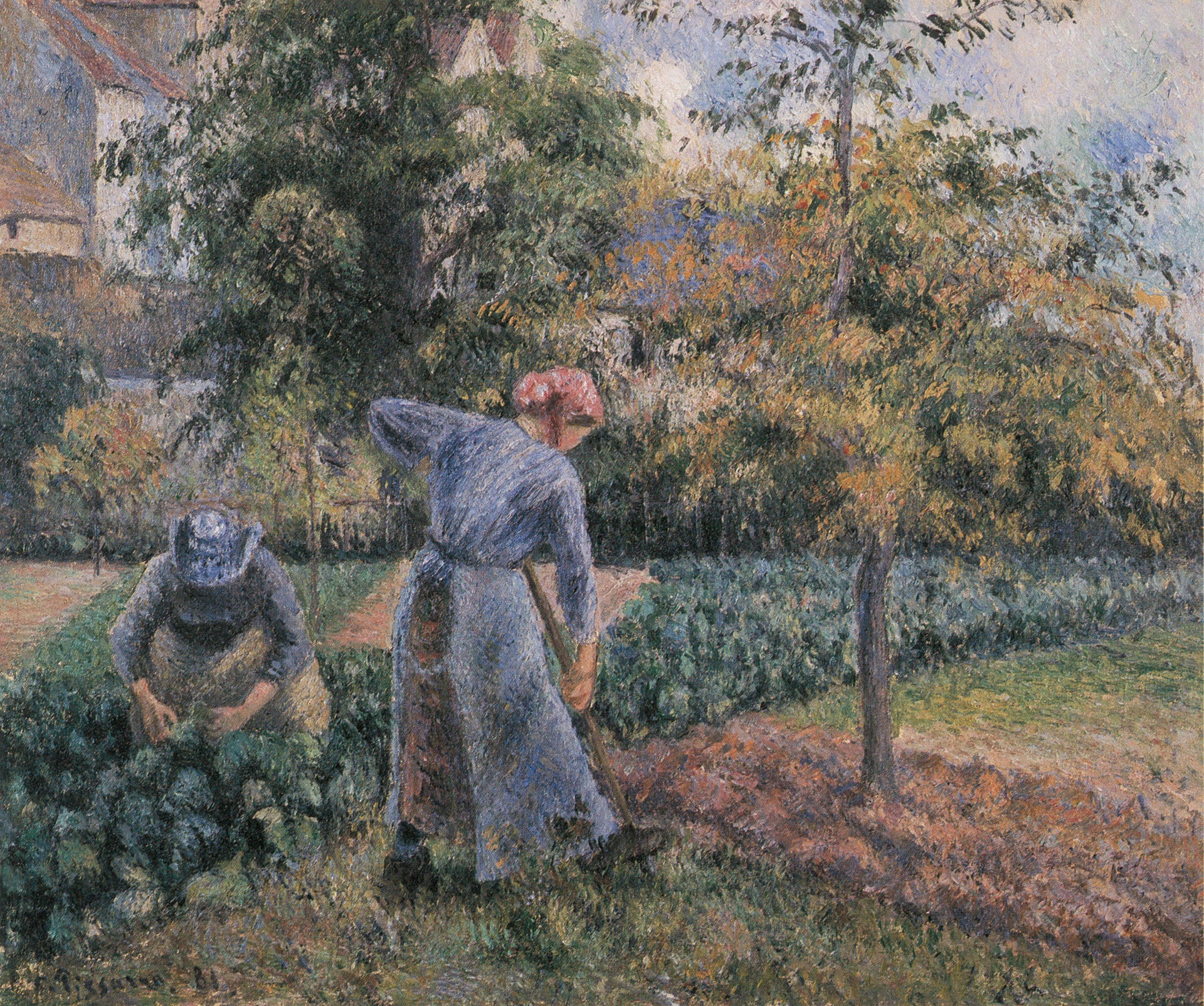 Camille Pissarro-Peasant Woman Digging Jardin de Maubuisson Pontoise (1881) Signed - 17"x22" Fine Art Print