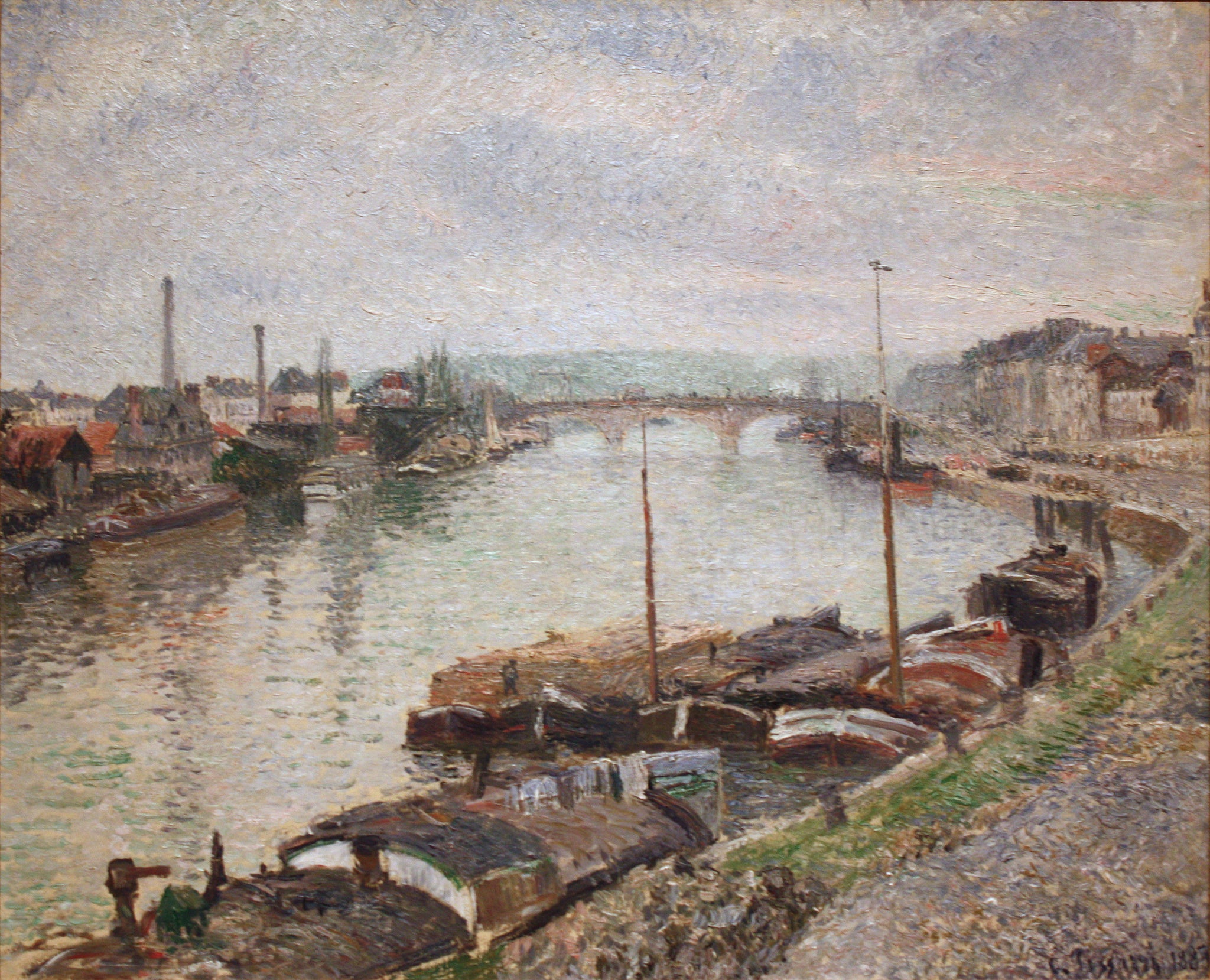 Camille Pissarro - Stone Bridge and Barges at Rouen (1883) Signed - 17" x 22" Print