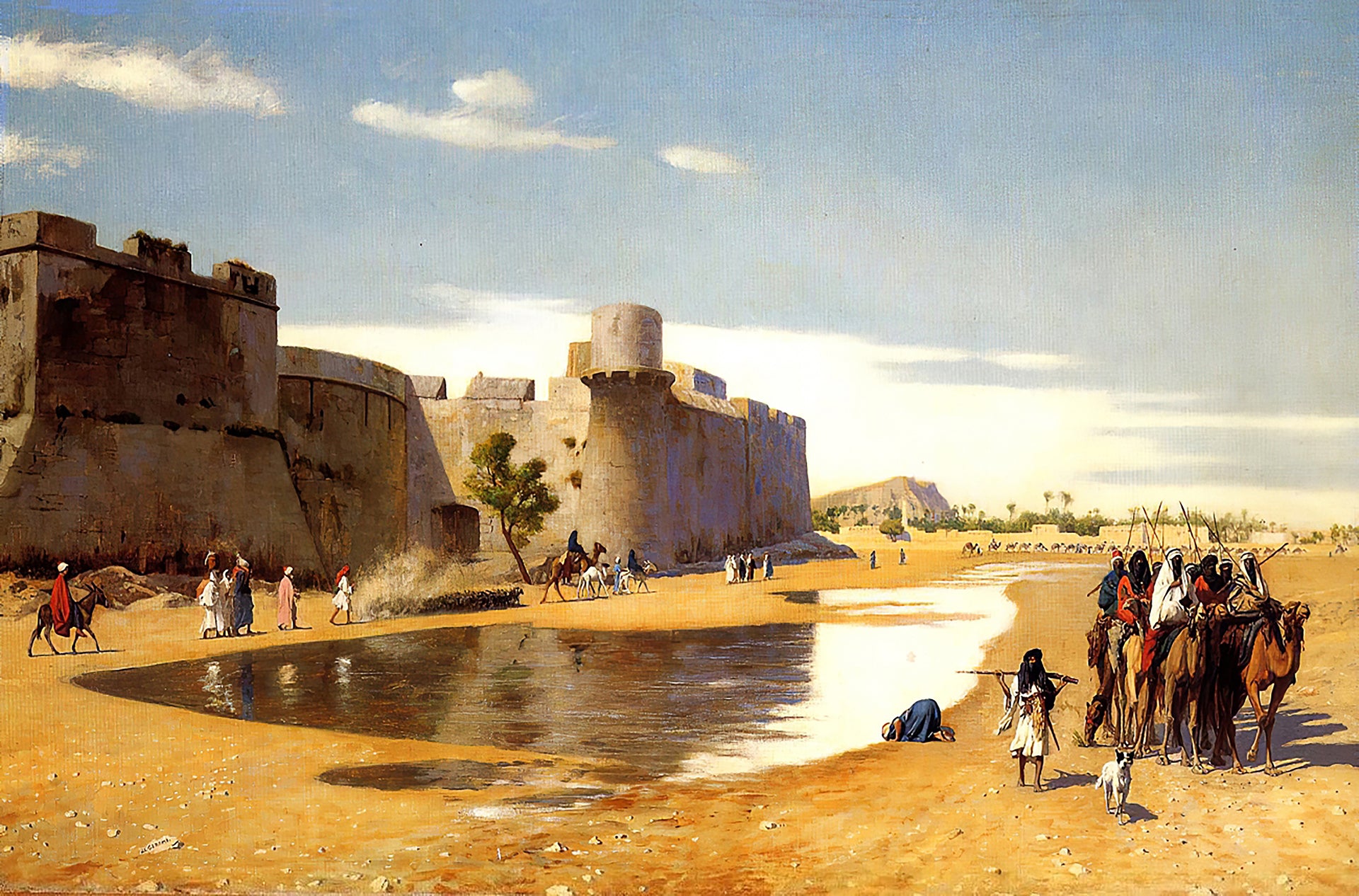 Jean Leon Gerome -An Arab Caravan Outside a Fortified Town, Egypt Signed - 17"x22" Fine Art Print