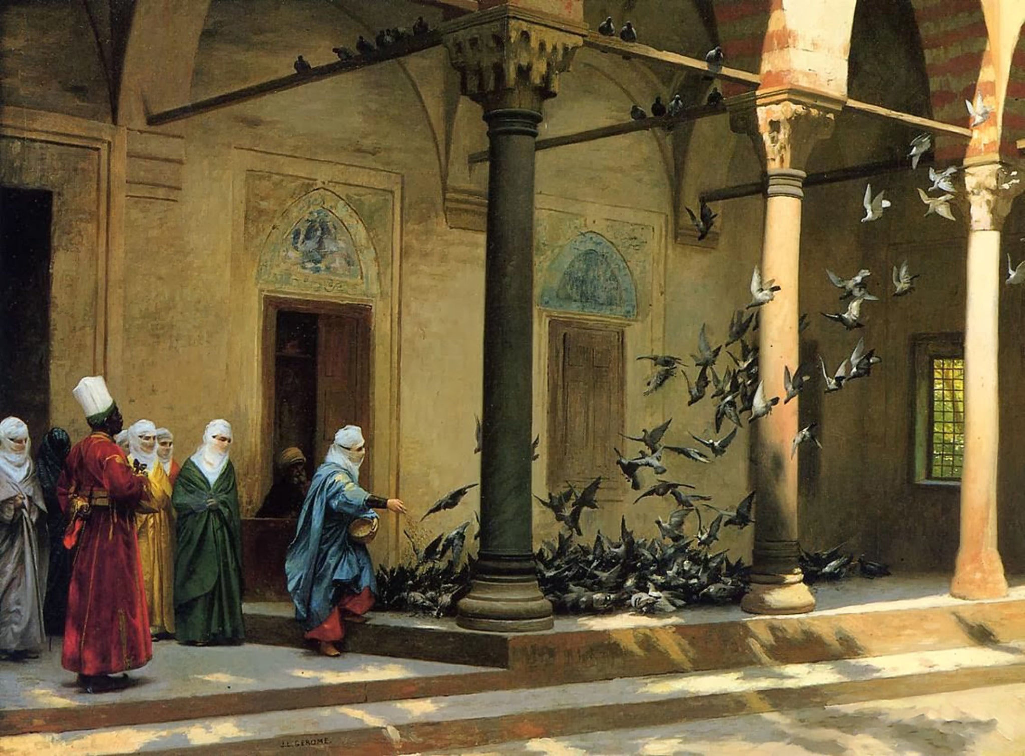 Jean Leon Gerome - Harem Women Feeding Pigeons in Courtyard (1894) Signed - 17"x22" Fine Art Print