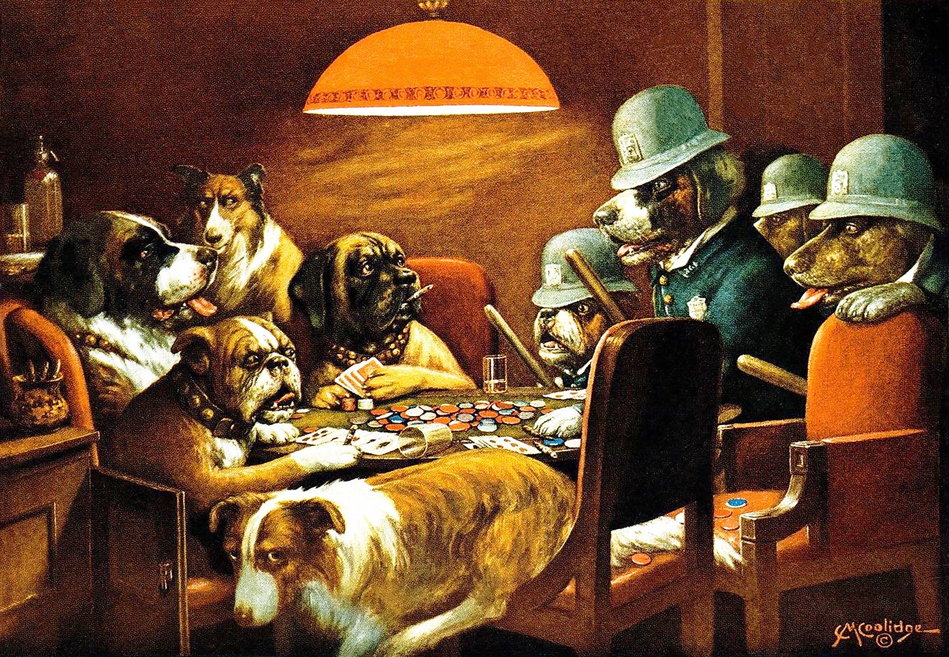 Cassius M. Coolidge - Pinched with Four Aces, Dogs Playing Poker, Illegal Gambling (1903) - 17"x22" Fine Art Print