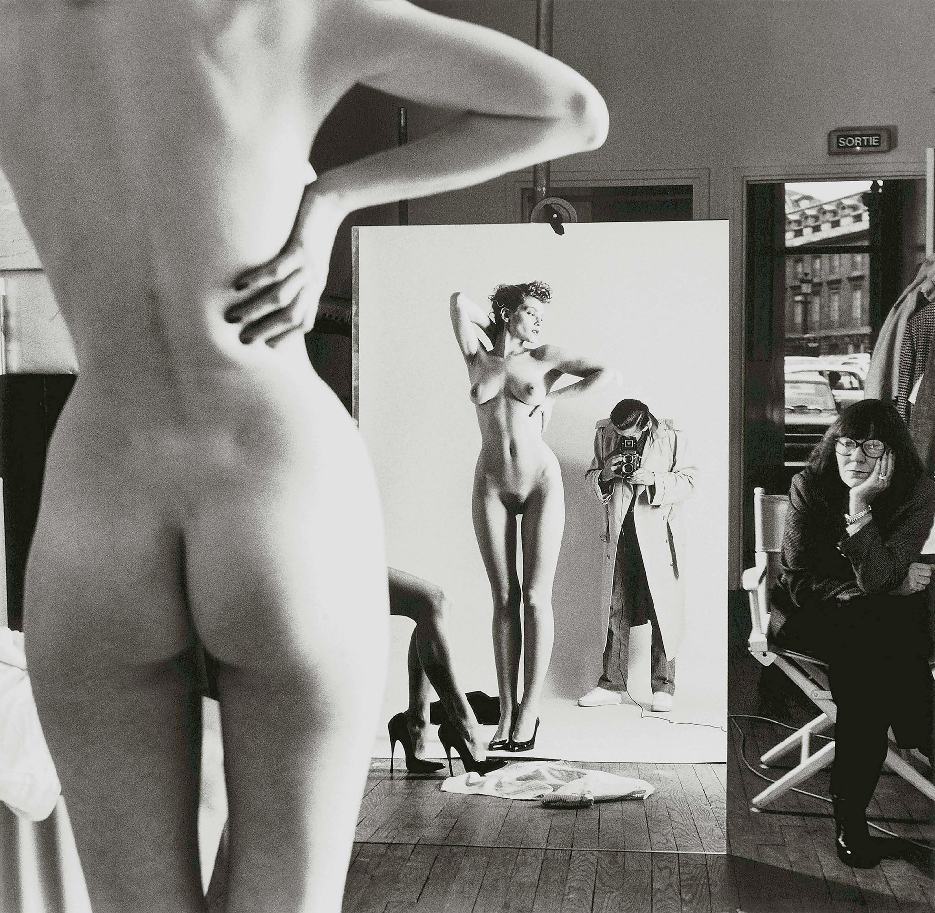 Helmut Newton Photographs Sylvia Gobbel Nude Wife June Watching (1981) Vogue Paris - 17"x22" Fine Art Print