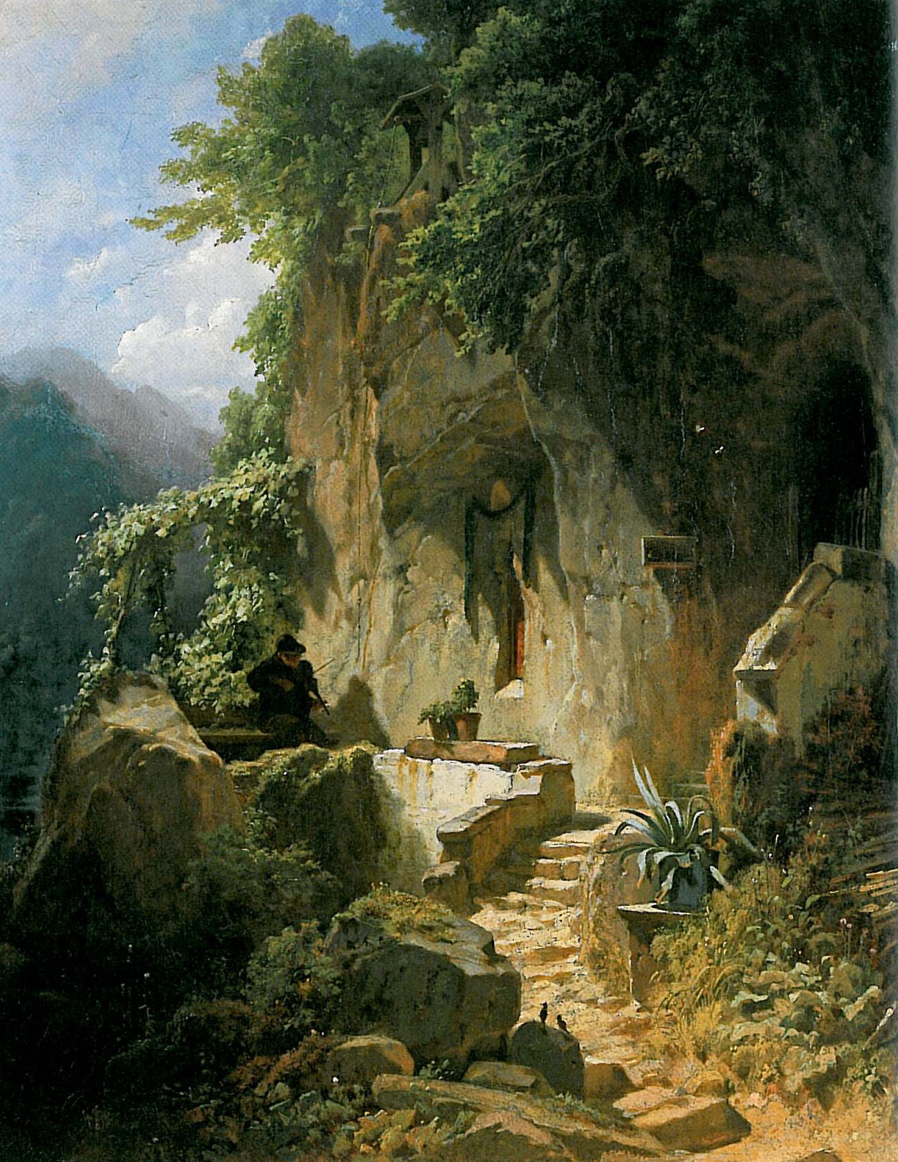 Carl Spitzweg - Music-Making Hermit Before his Rocky Abode (1856-58) - 17" x 22" Fine Art Print