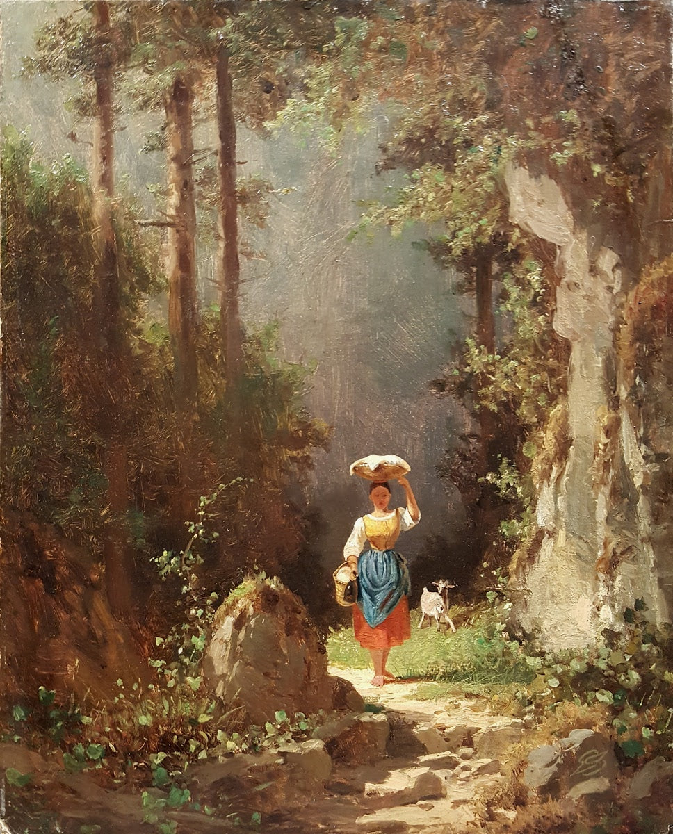 Carl Spitzweg - Girl With Goat (1861) Monogrammed - 17" x 22" Fine Art Print