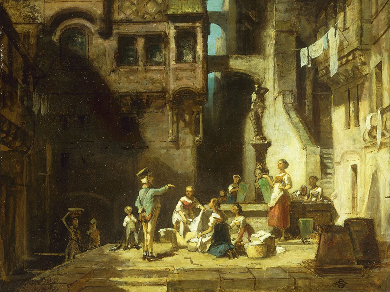 Carl Spitzweg - Washerwomen at the Well (circa 1880) - 17" x 22" Fine Art Print