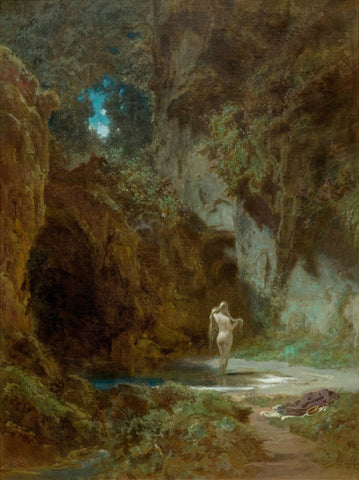 Carl Spitzweg - Bathing Nymphe Nude in Forest (1855) - 17" x 22" Fine Art Print