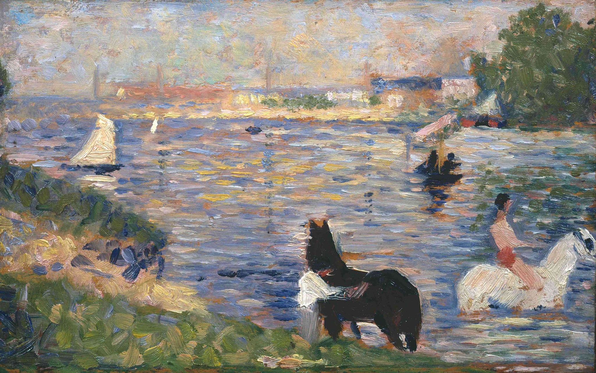 Georges Seurat - Horses in the Water (1883) Landscape - 17" x 22" Fine Art Print