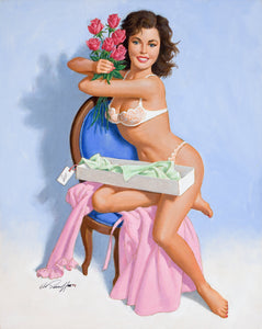 Arthur Sarnoff - A Gift, Pinup Girl in Lingerie with Flowers - 17"x22" Art Print