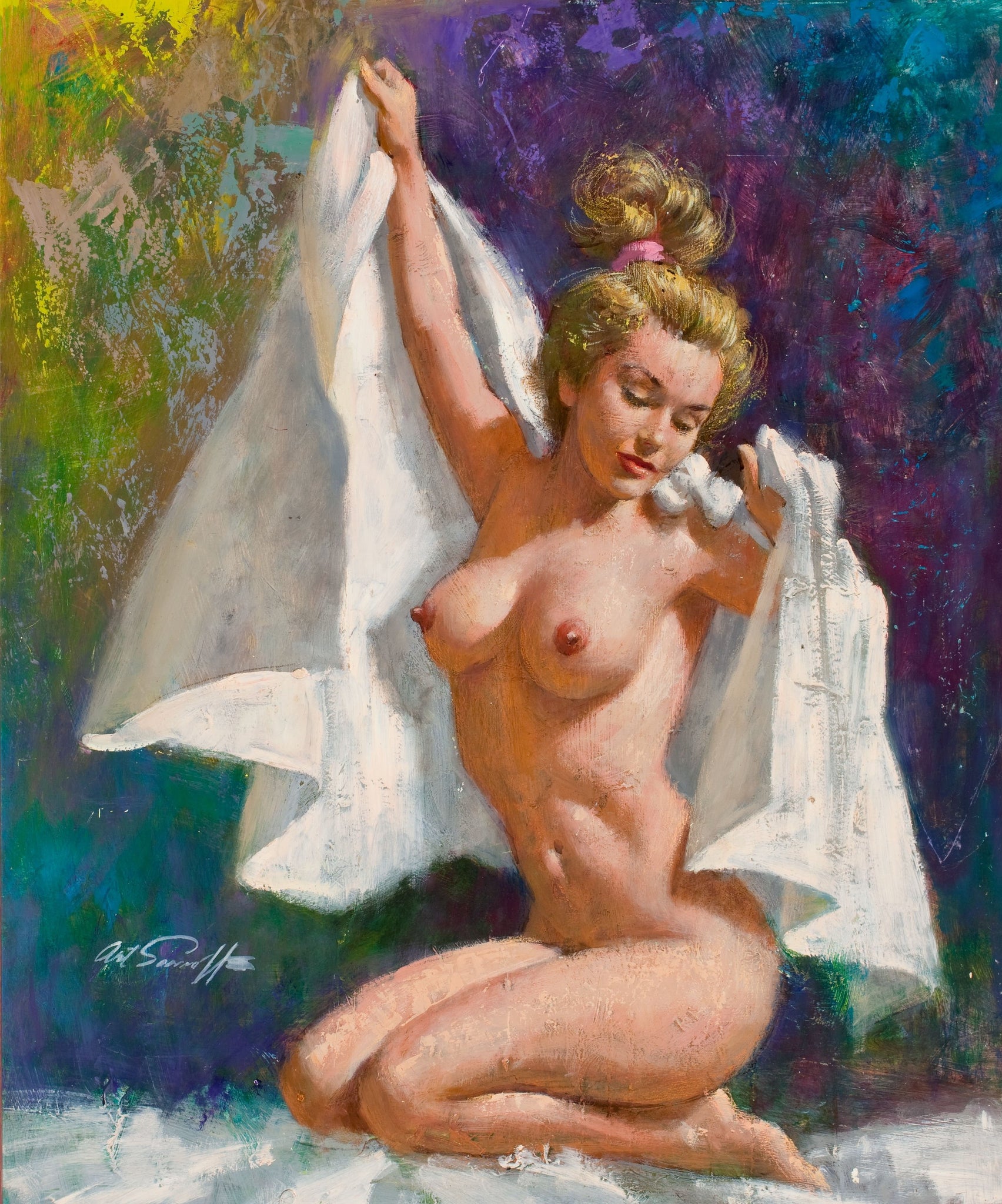 Arthur Sarnoff - After the Bath Towel, Nude Pin-up 1940s Signed - 17" x 22" Print