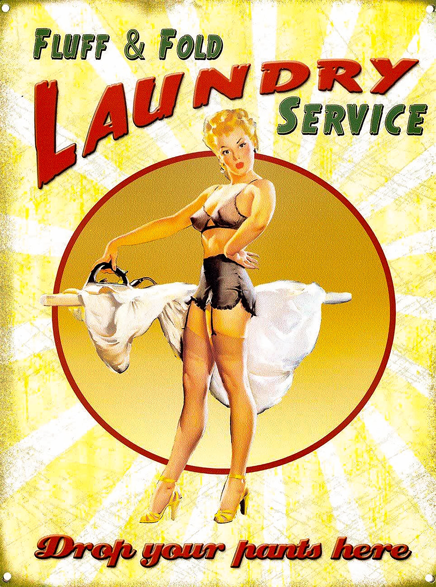 Cheeky Laundry Sign Drop Your Pants Here 1950s Pin-up Girl - 17" x 22" Art Print