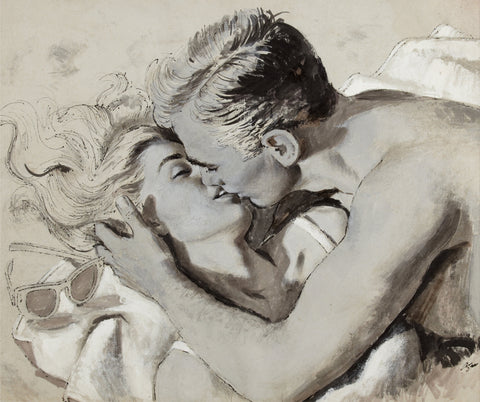 Arthur Sarnoff - Beach Kiss Romance Love (1950s) Initialed - 17" x 22" Art Print