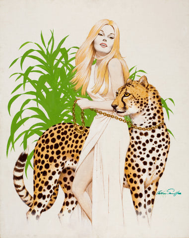 Arthur Sarnoff - Beauty with a Cheetah Pin-up Girl 1960s Signed - 17" x 22" Print