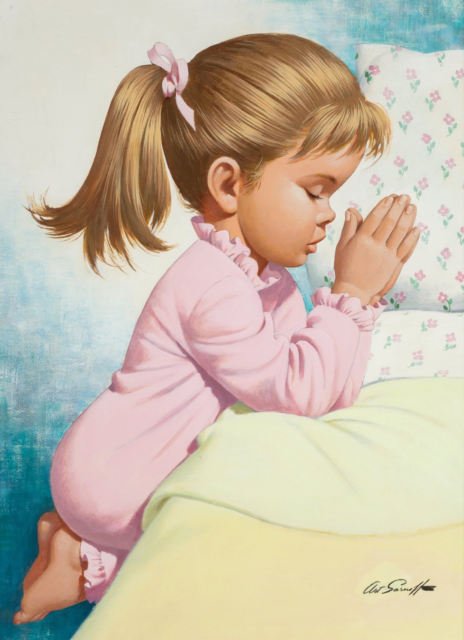 Arthur Sarnoff - Bedtime Prayer Young Little Girl 1950s Signed - 17" x 22" Print