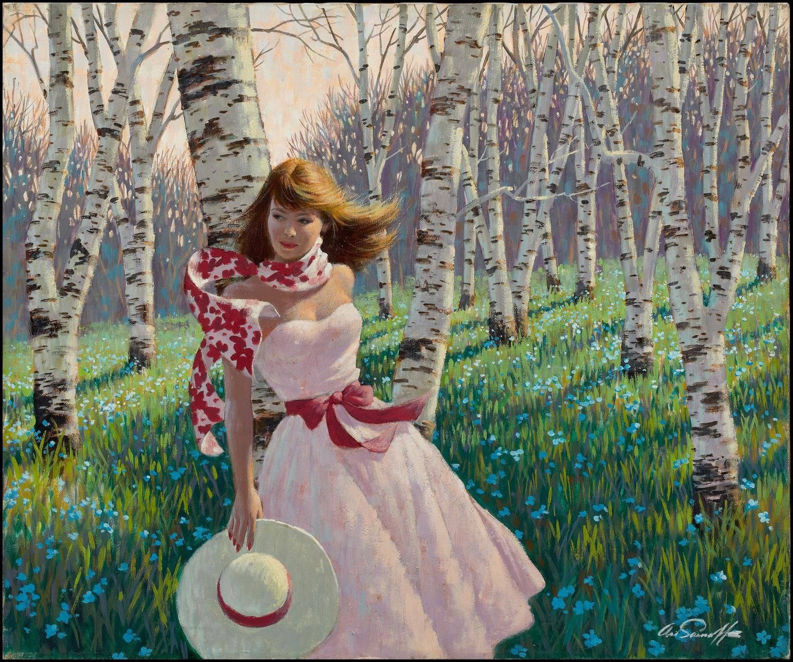 Arthur Sarnoff - Pin-up Girl in Birch Forest 1960s Signed - 17" x 22" Art Print