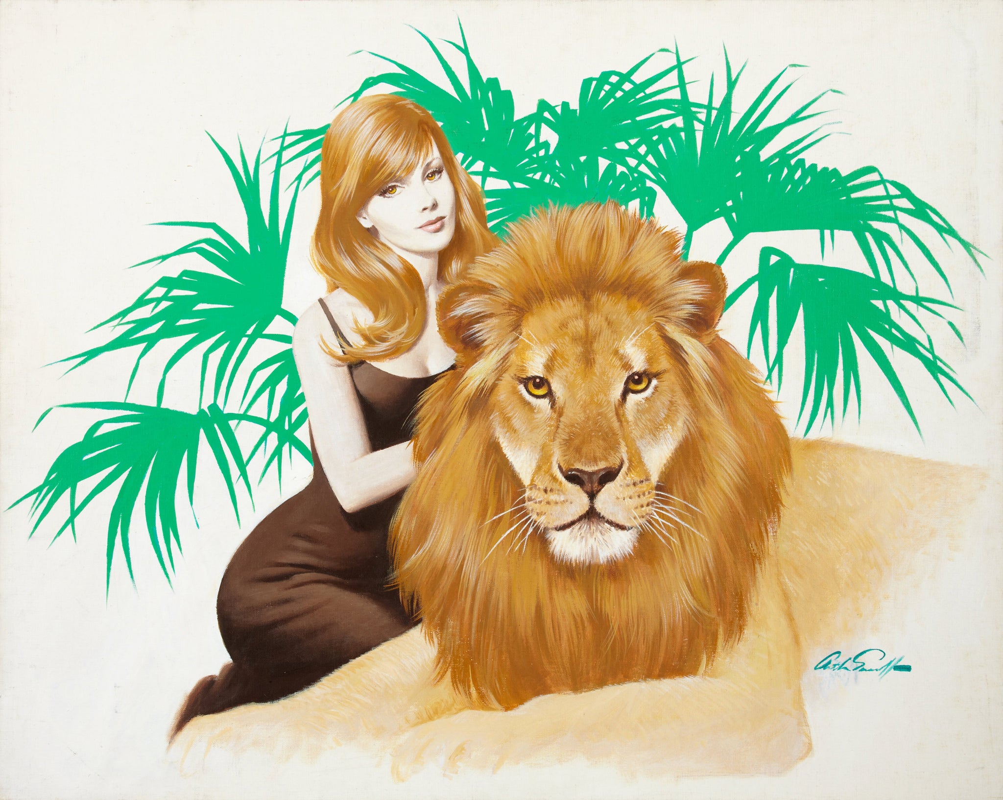 Arthur Sarnoff - Blonde Pin-Up Girl with Lion 1960s Signed - 17" x 22" Art Print