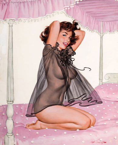 Arthur Sarnoff - Brunette Pin-Up Girl Black Sheer Neglige Pink Bed 1950s Signed - 17"x22" Fine Art Print
