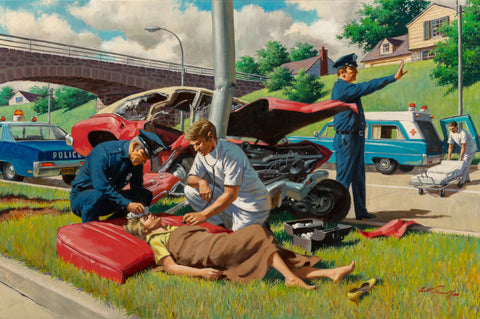 Arthur Sarnoff - Muscle Car Chevelle Crash Scene 1960s Signed - 17" x 22" Print