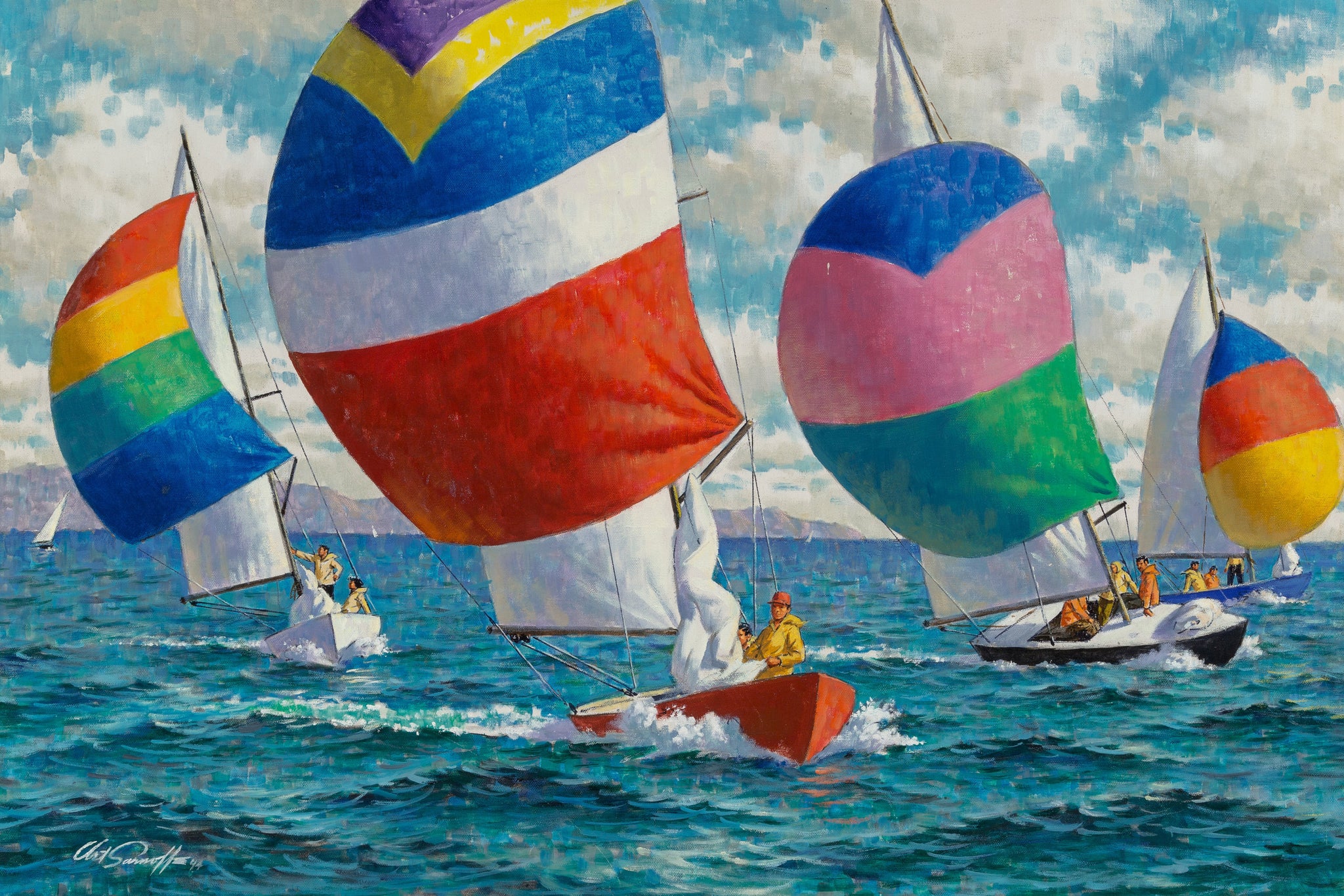 Arthur Sarnoff - Colorful Spinnakers, Sailboat Regata Signed - 17"x22" Art Print