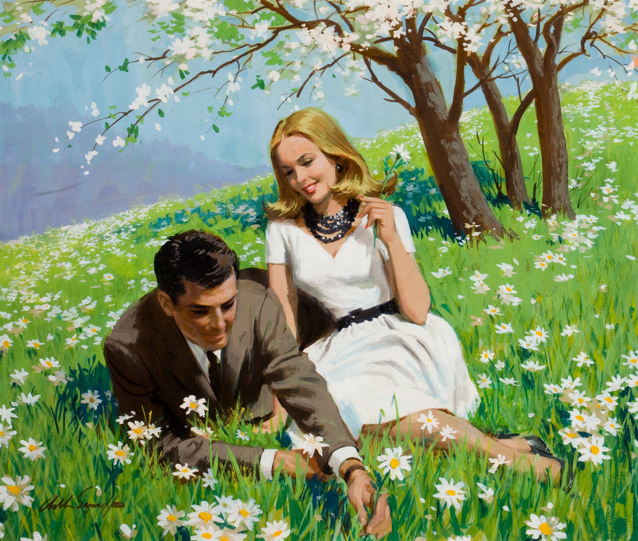 Arthur Sarnoff - Couple in Daisy Field 1950s Romantic Signed - 17"x22" Art Print