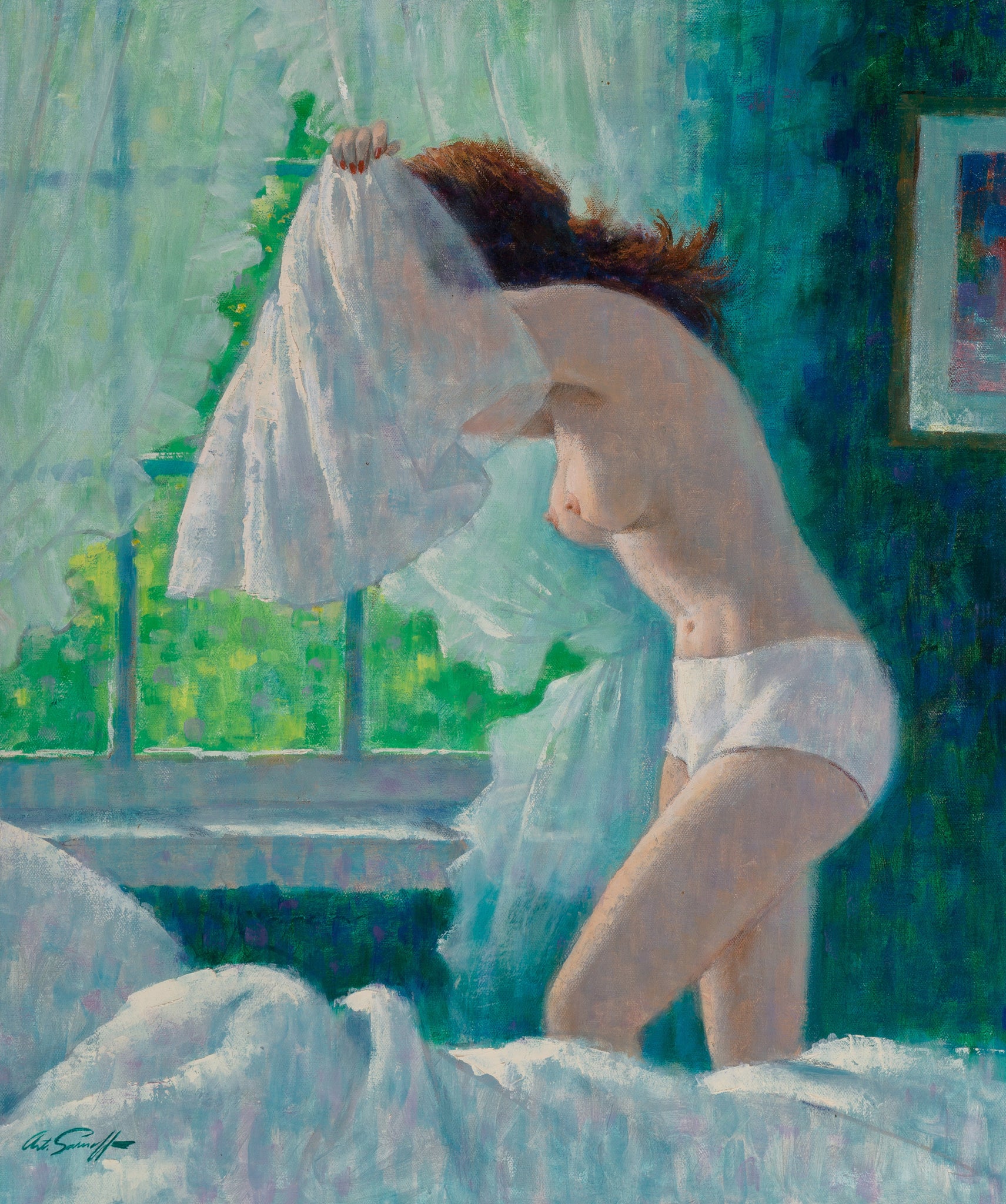 Arthur Sarnoff - Nude Pin-Up Girl Dressing in Morning 1950s Signed - 17"x22" Print