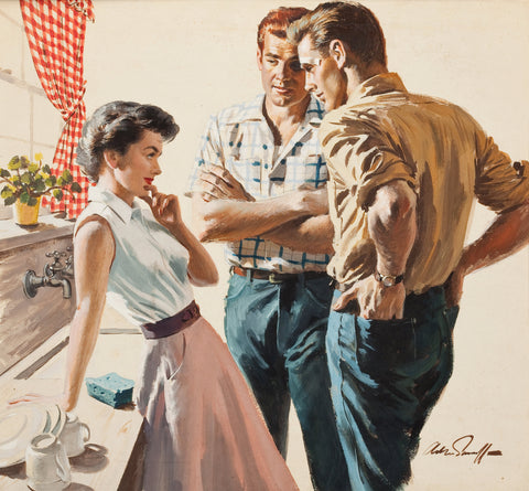 Arthur Sarnoff - Wife Flirting in the Kitchen 1950s Signed - 17" x 22" Art Print