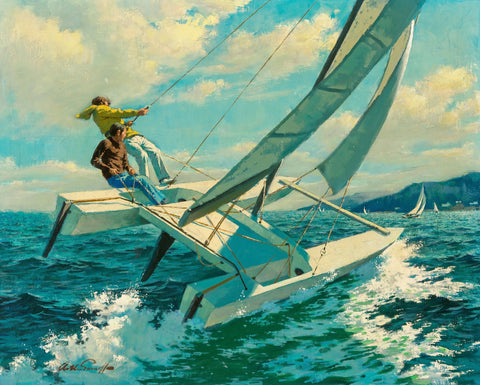 Arthur Sarnoff - Flying Hulls Sailing Catamaran 1960s Signed - 17" x 22" Print