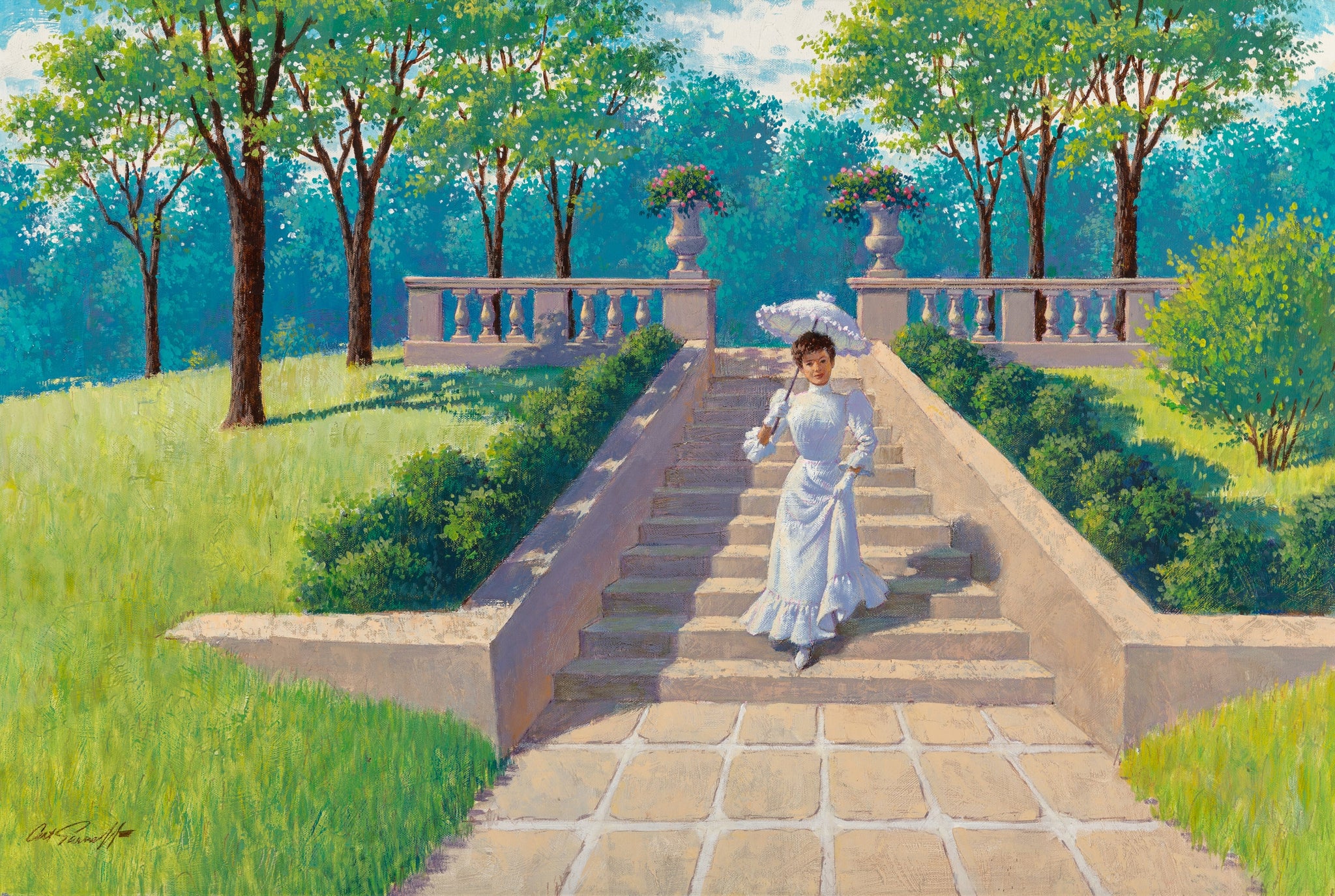 Arthur Sarnoff - Garden Steps Belle in White Dress Parasol 1950s Signed - 17"x22" Fine Art Print