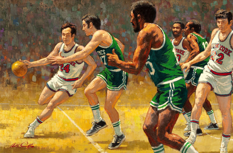 Arthur Sarnoff - Go, Knicks, Go! Basketball 1970s Signed - 17" x 22" Art Print