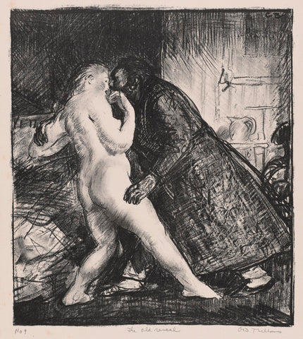 George Bellows - The Old Rascal, Man Kisses Nude Lady (1916) Signed - 17"x22" Print