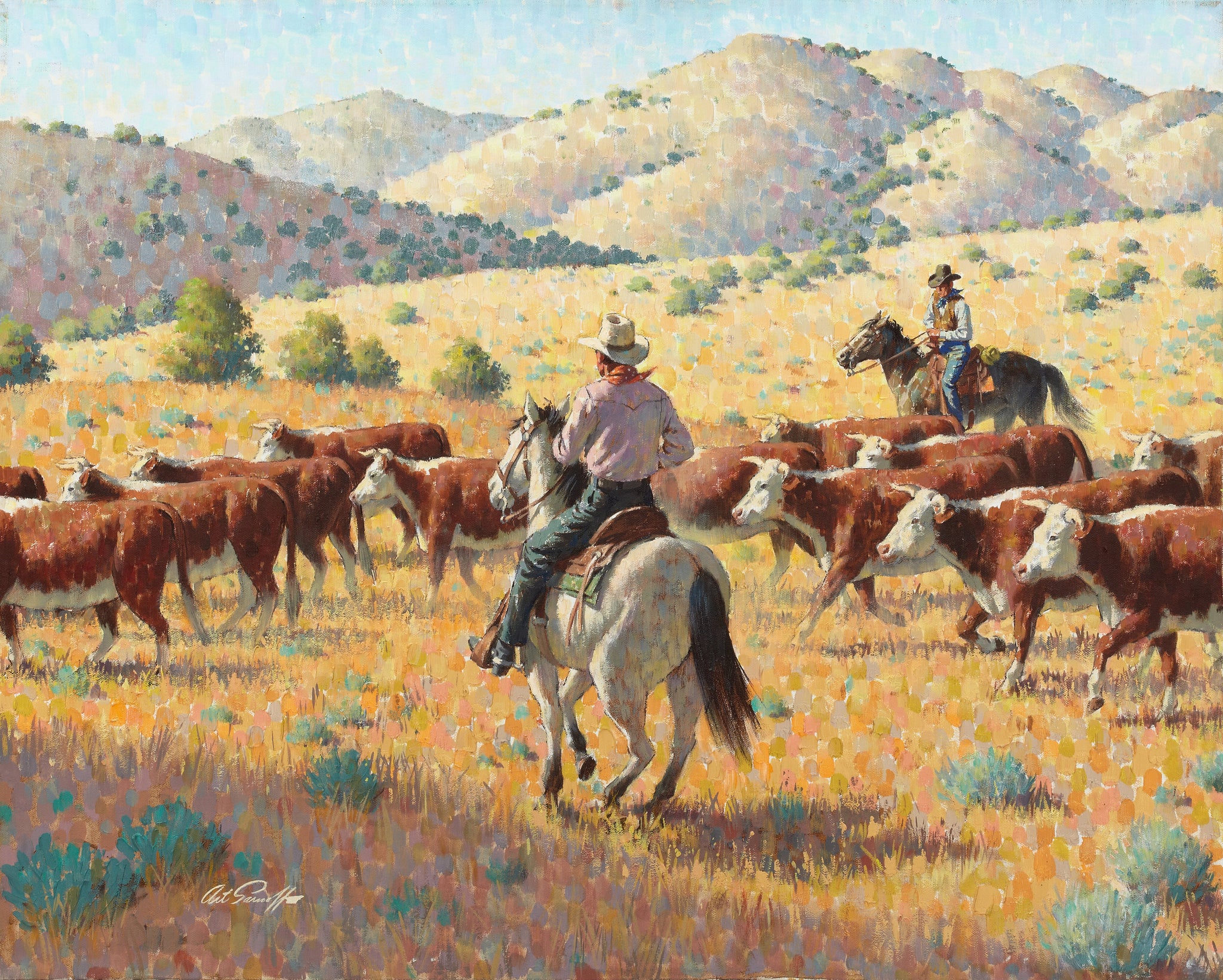 Arthur Sarnoff - Hereford Roundup Cattle Cowboys 1950s Signed - 17" x 22" Print