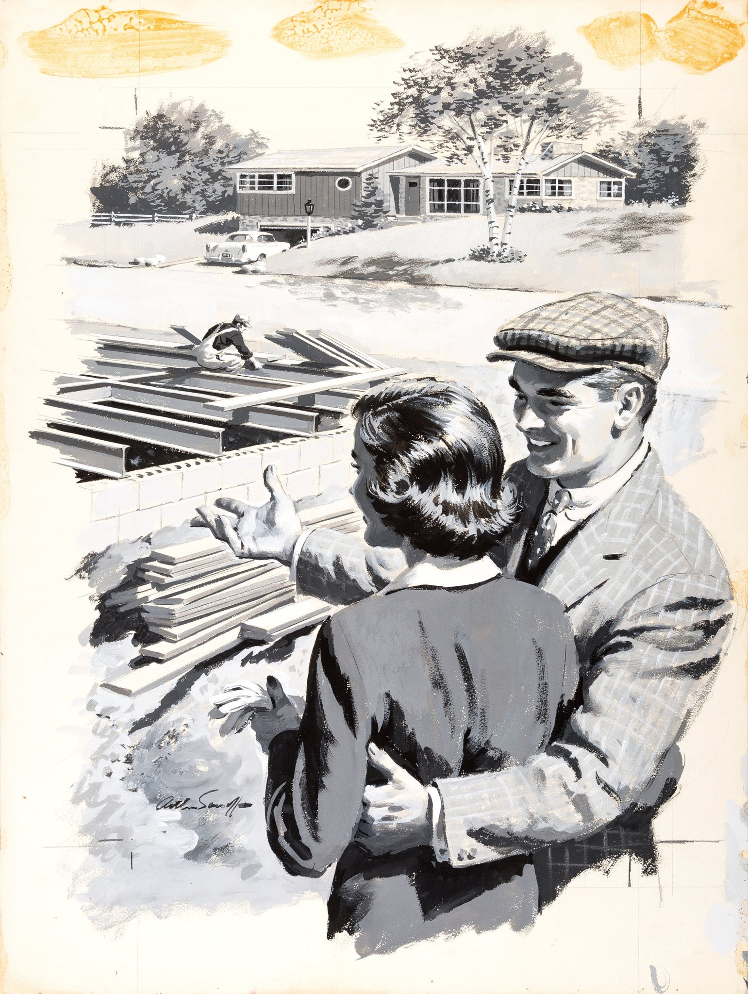 Arthur Sarnoff - Home Building Construction (1950s) Signed - 17" x 22" Art Print