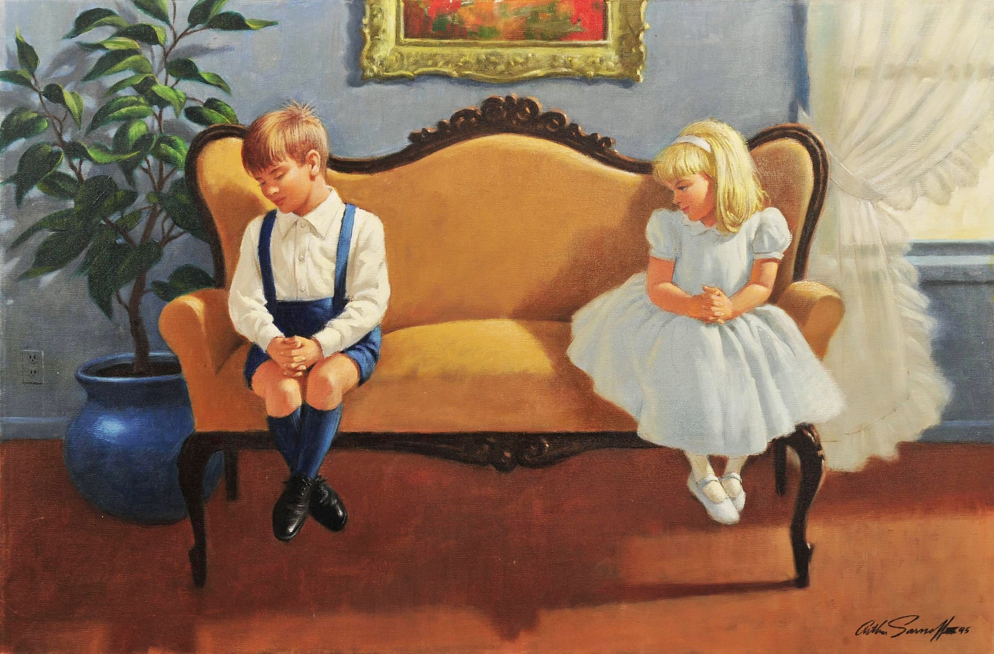 Arthur Sarnoff - Kids Sitting on Love Seat Signed - 17" x 22" Fine Art Print