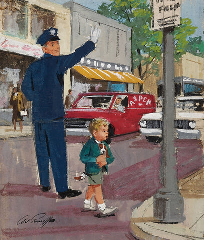 Arthur Sarnoff - Little Boy Crosses Street Puppy in Jacket 1950s Signed - 17"x22" Fine Art Print