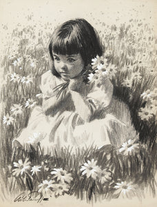 Arthur Sarnoff - Little Girl Picking Flowers 1940s Signed - 17" x 22" Art Print