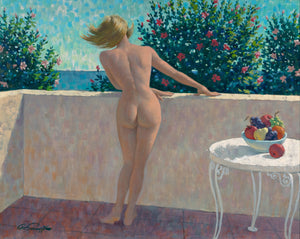 Arthur Sarnoff - Nude Blonde Pin-up Girl on Balcony 1960s Signed - 17"x22" Print