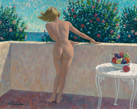 Arthur Sarnoff - Nude Blonde Pin-up Girl on Balcony 1960s Signed - 17"x22" Print