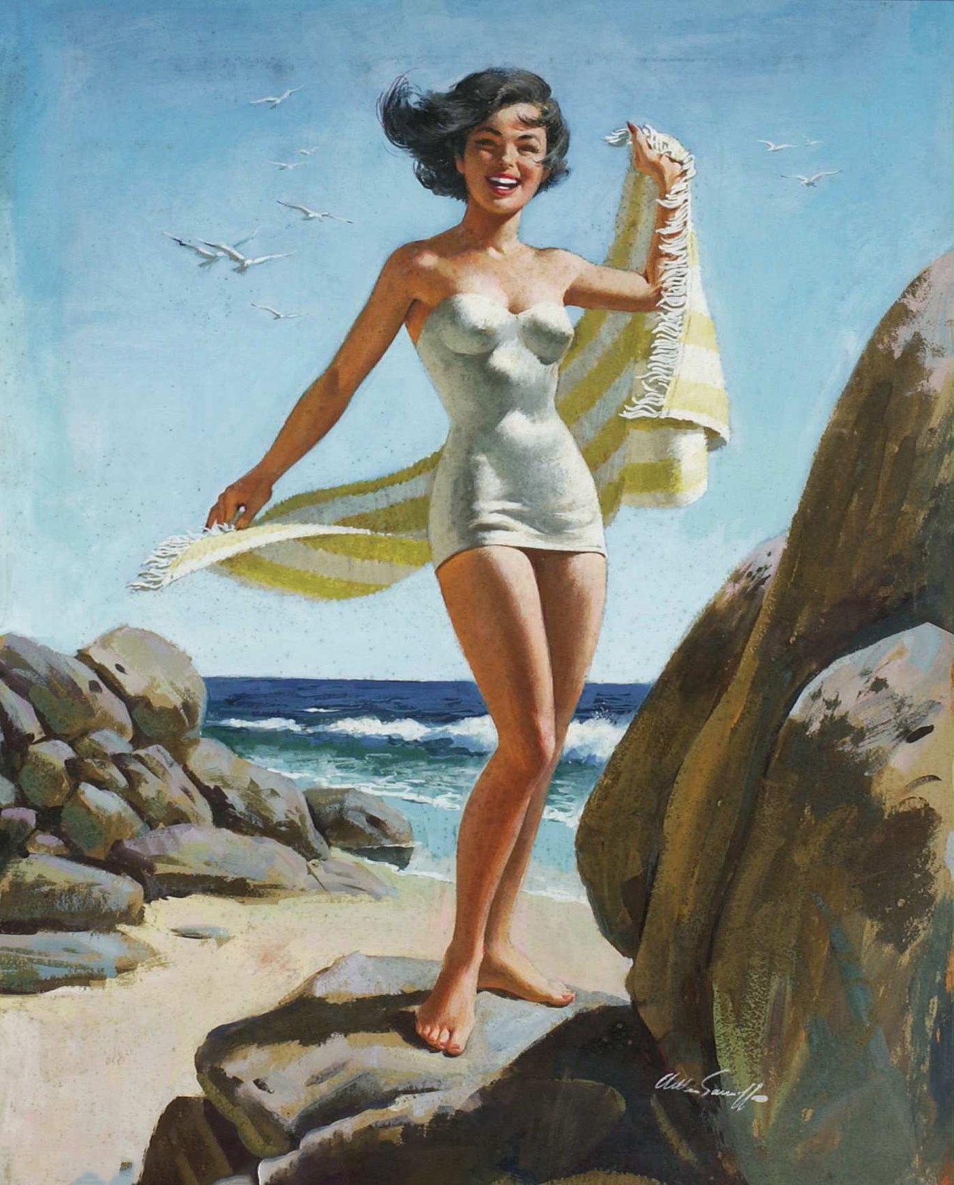 Arthur Sarnoff - Pin-Up Girl in Swimsuit at Beach 1960s - 17x22 Fine Art  Print