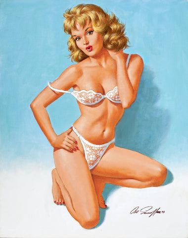 Arthur Sarnoff - Pin-Up Girl in White Lace Lingerie Signed - 17" x 22" Art Print