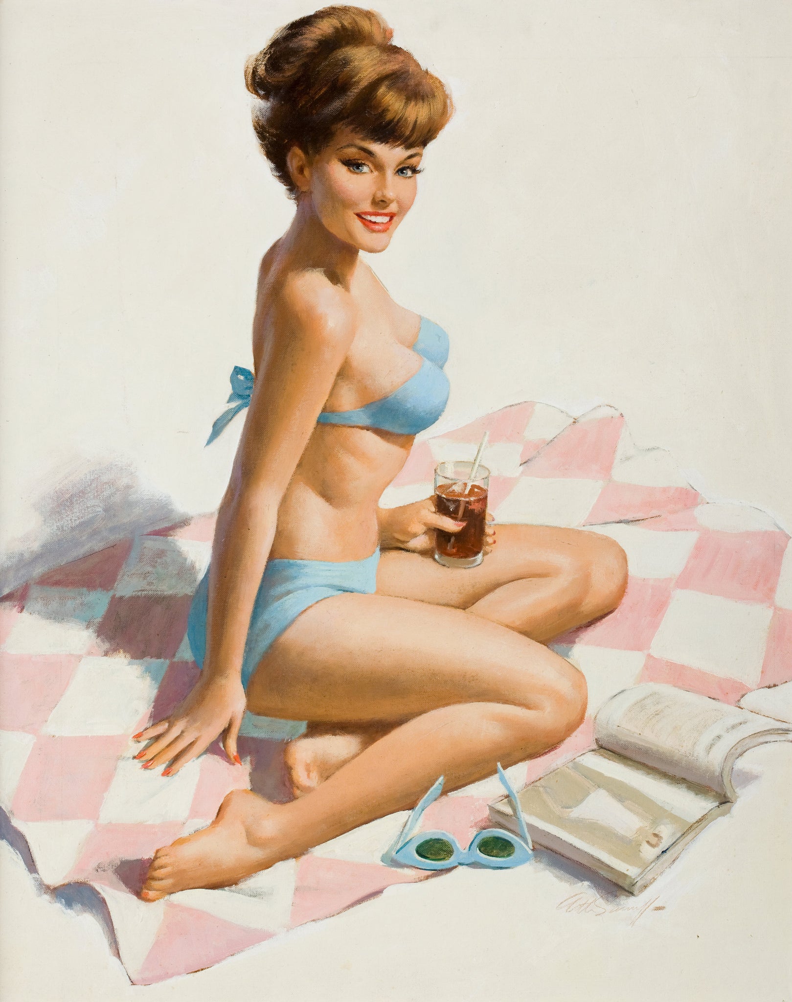 Arthur Sarnoff - Pin-Up on Beach Blanket 1960s Signed - 17" x 22" Fine Art Print