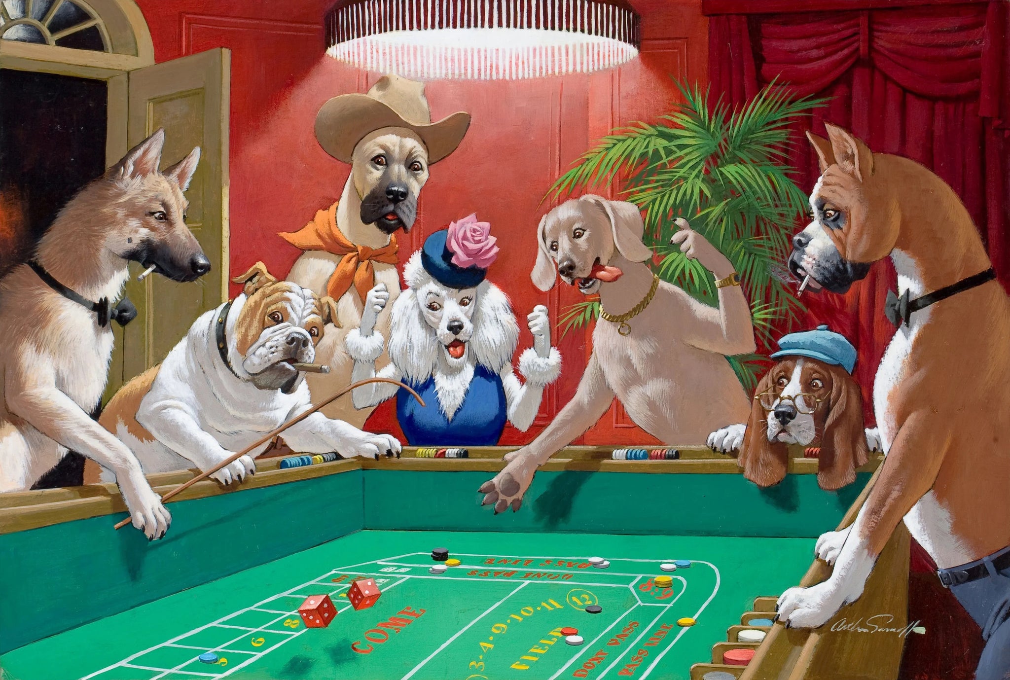 Arthur Sarnoff - Dogs Playing Craps Casino 1960s Signed - 17"x22" Fine Art Print