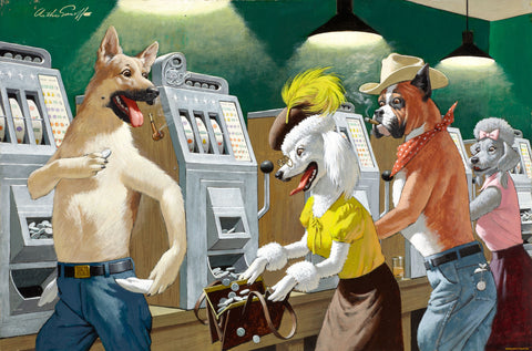 Arthur Sarnoff - Dogs Playing Slots Casino 1960s Signed - 17"x22" Fine Art Print