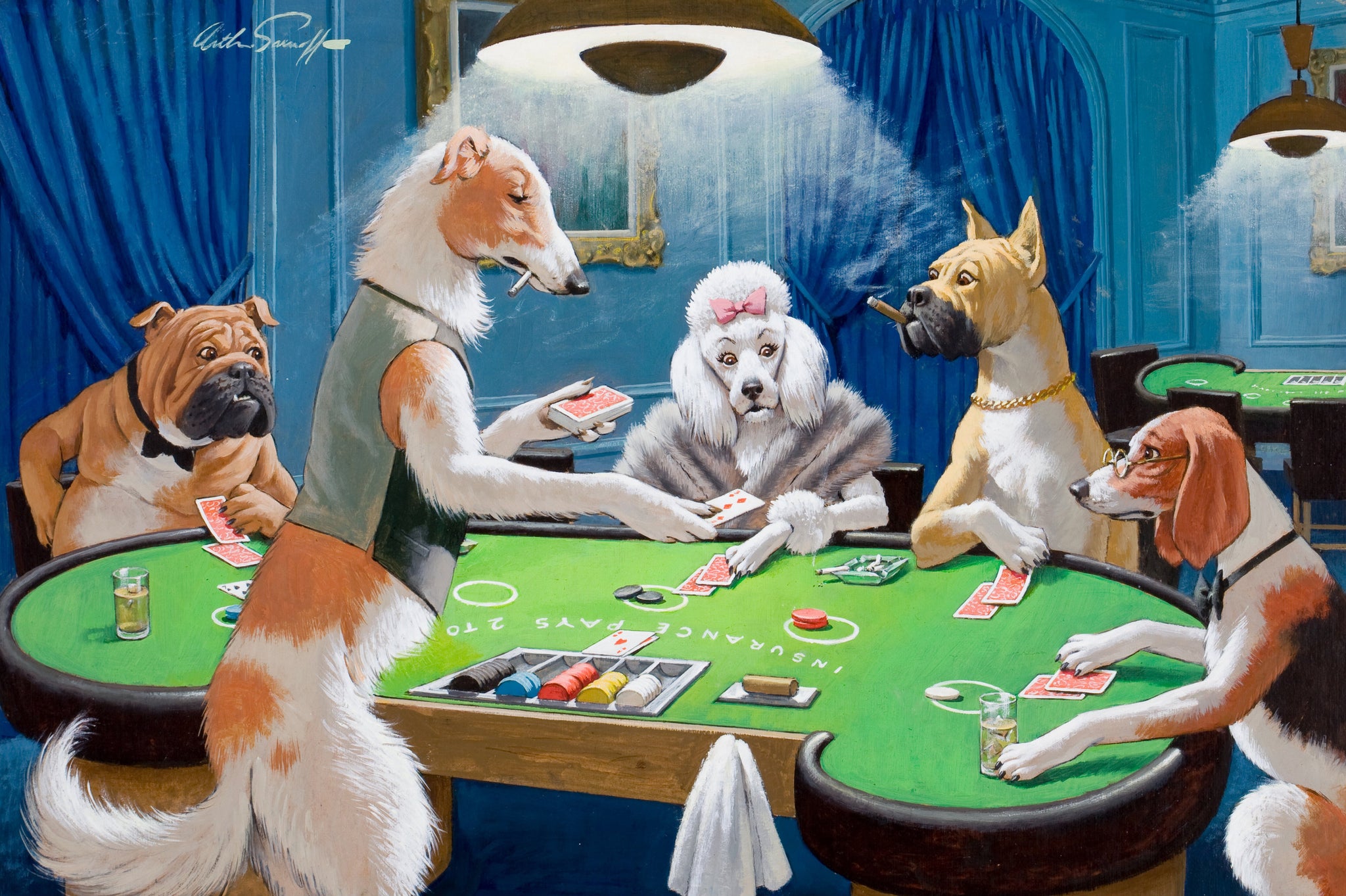 Arthur Sarnoff - Poker Night, Dogs Playing Poker 1960s Signed - 17" x 22" Print