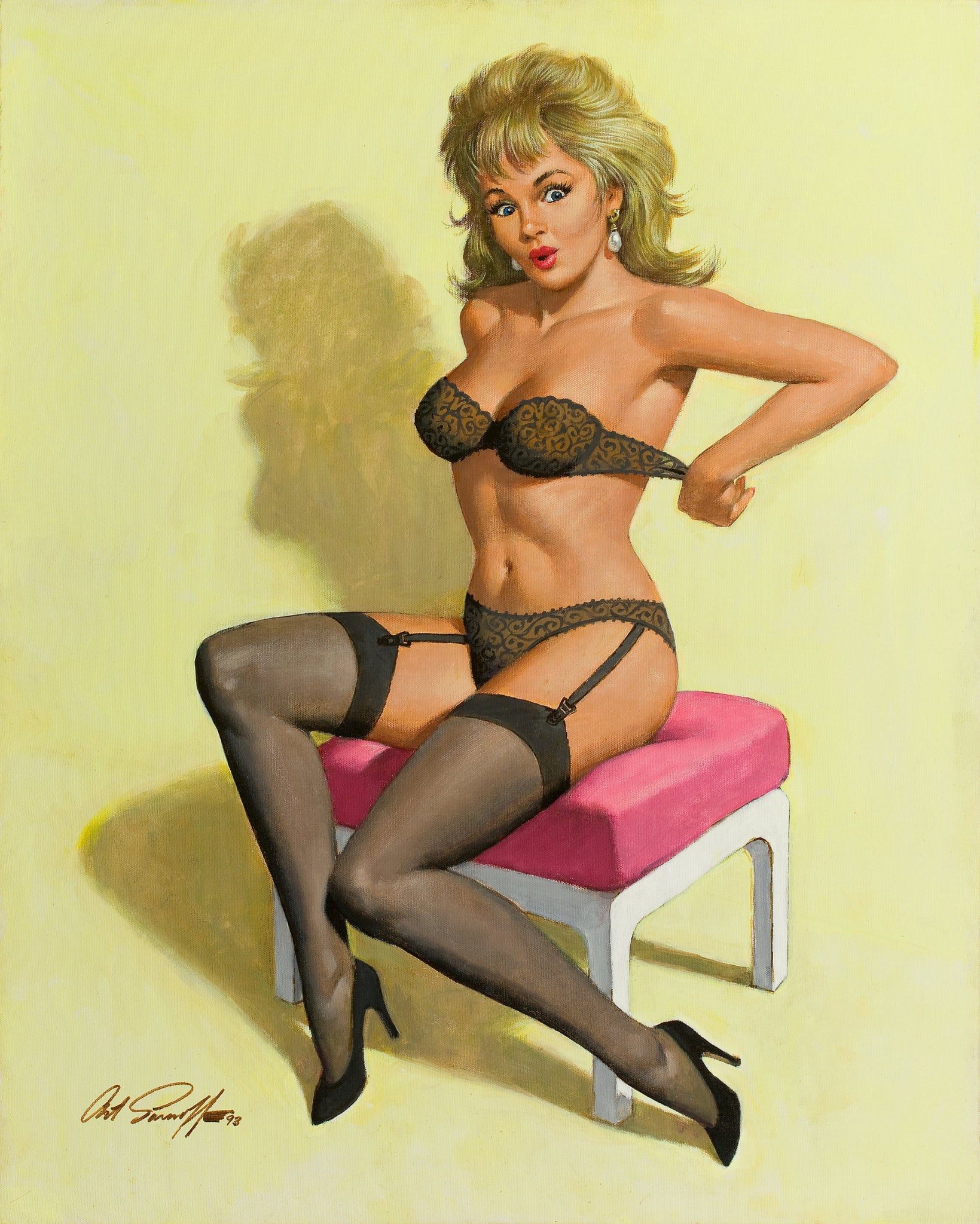 Arthur Sarnoff - Pin Up Girl Putting on Bra, Signed - 17" x 22" Fine Art Print