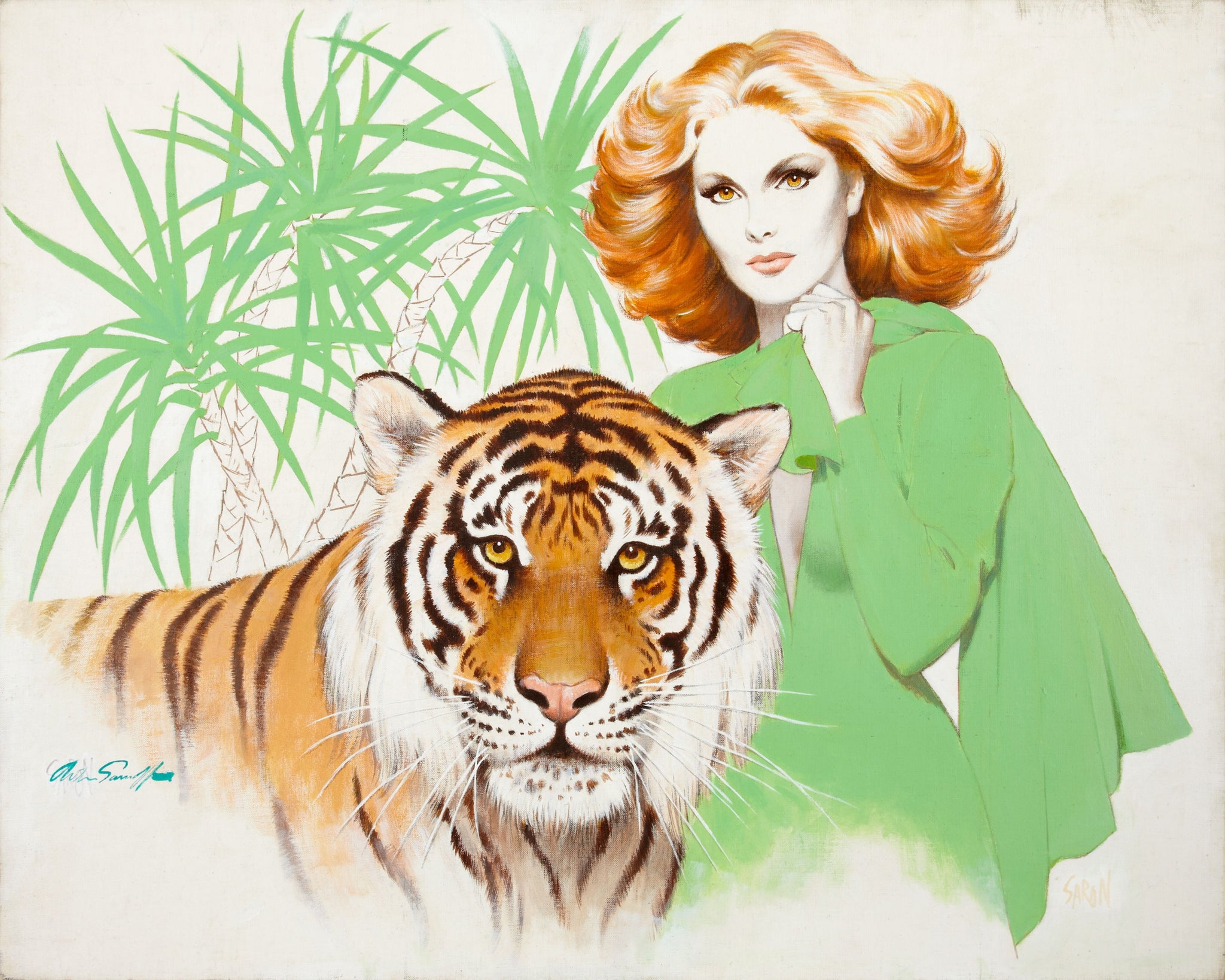 Arthur Sarnoff - Redhead Pin-Up Girl with Tiger 1960s Signed - 17" x 22" Print