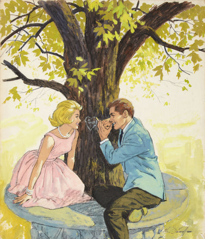 Arthur Sarnoff - Romance Heart Carved in Tree 1950s Signed - 17" x 22" Art Print