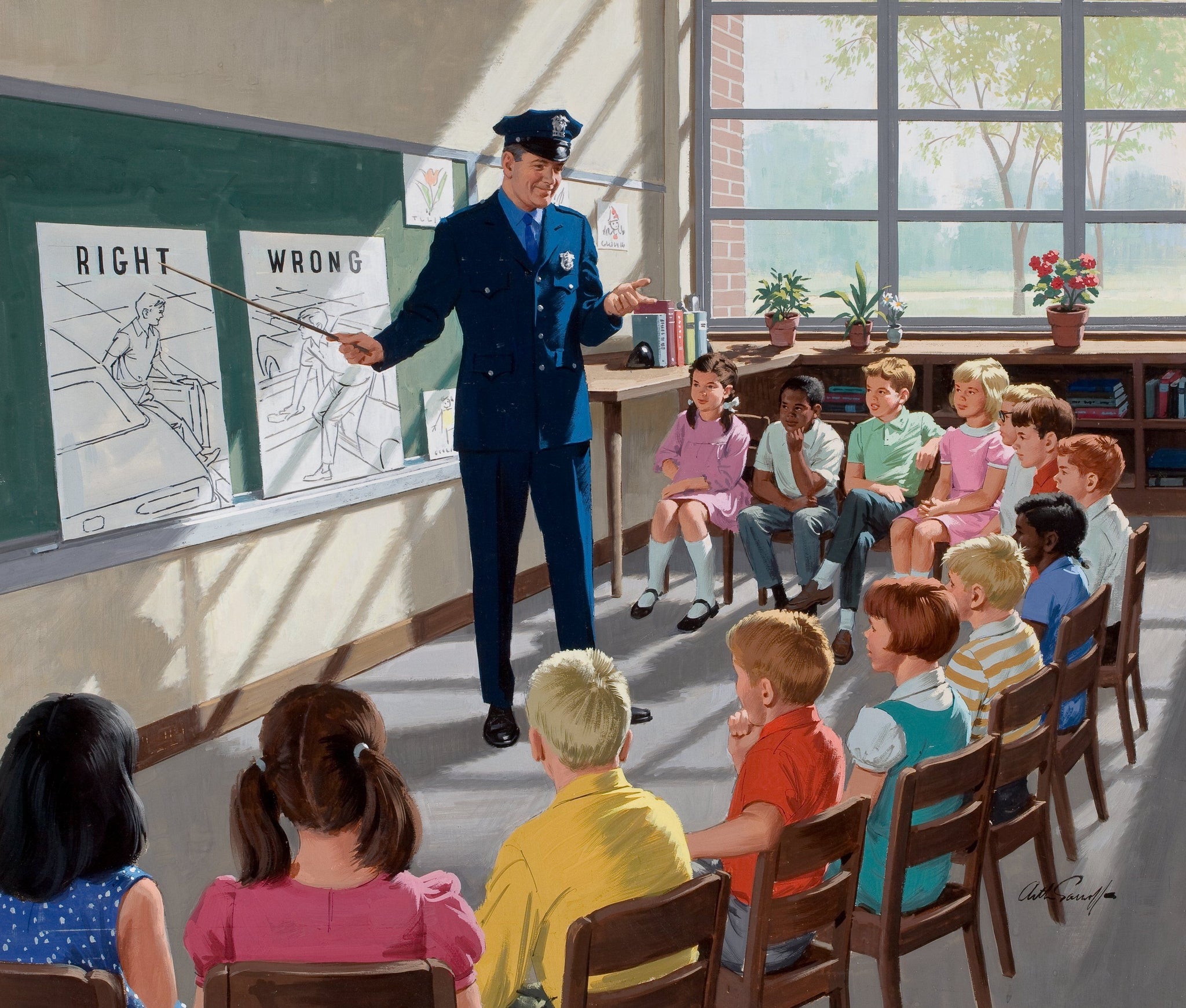 Arthur Sarnoff - Safety Class Policeman in School 1950s Signed - 17" x 22" Print