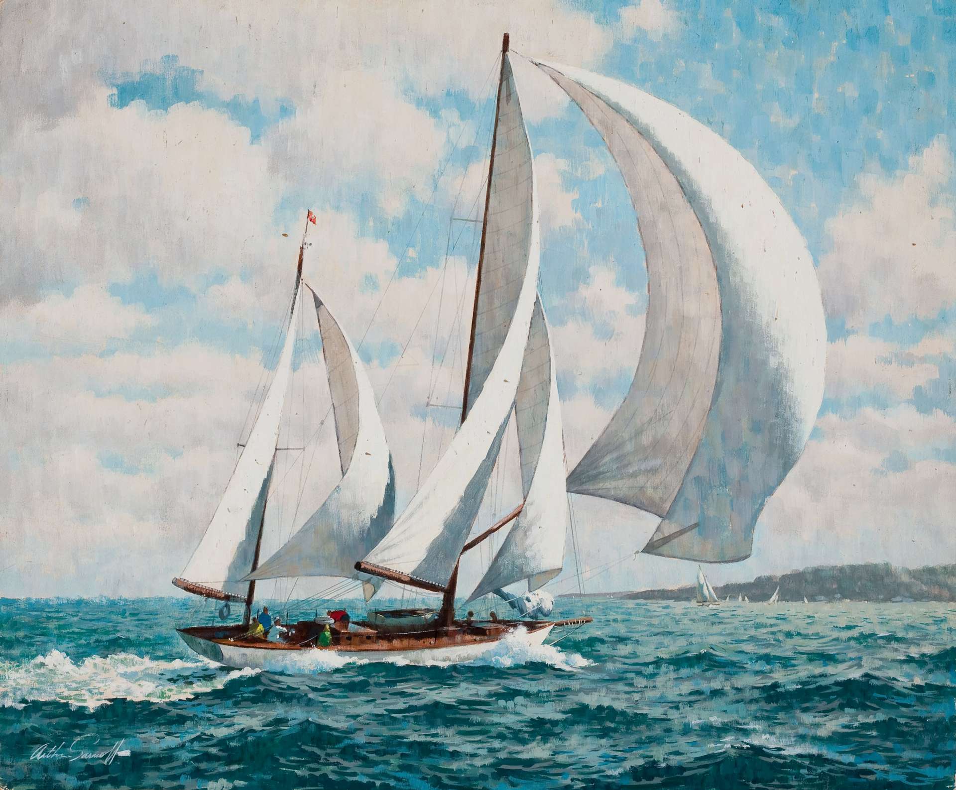 Arthur Sarnoff - Sailing Schooner Sailboat 1960s Signed - 17"x22" Fine Art Print