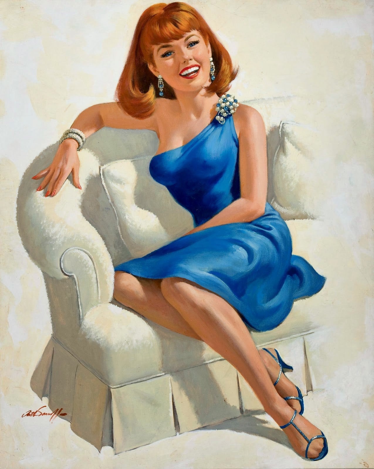 Arthur Sarnoff - Seated Red-Headed Beauty Pin-Up Girl 1960s Signed - 17" x 22" Fine Art Print